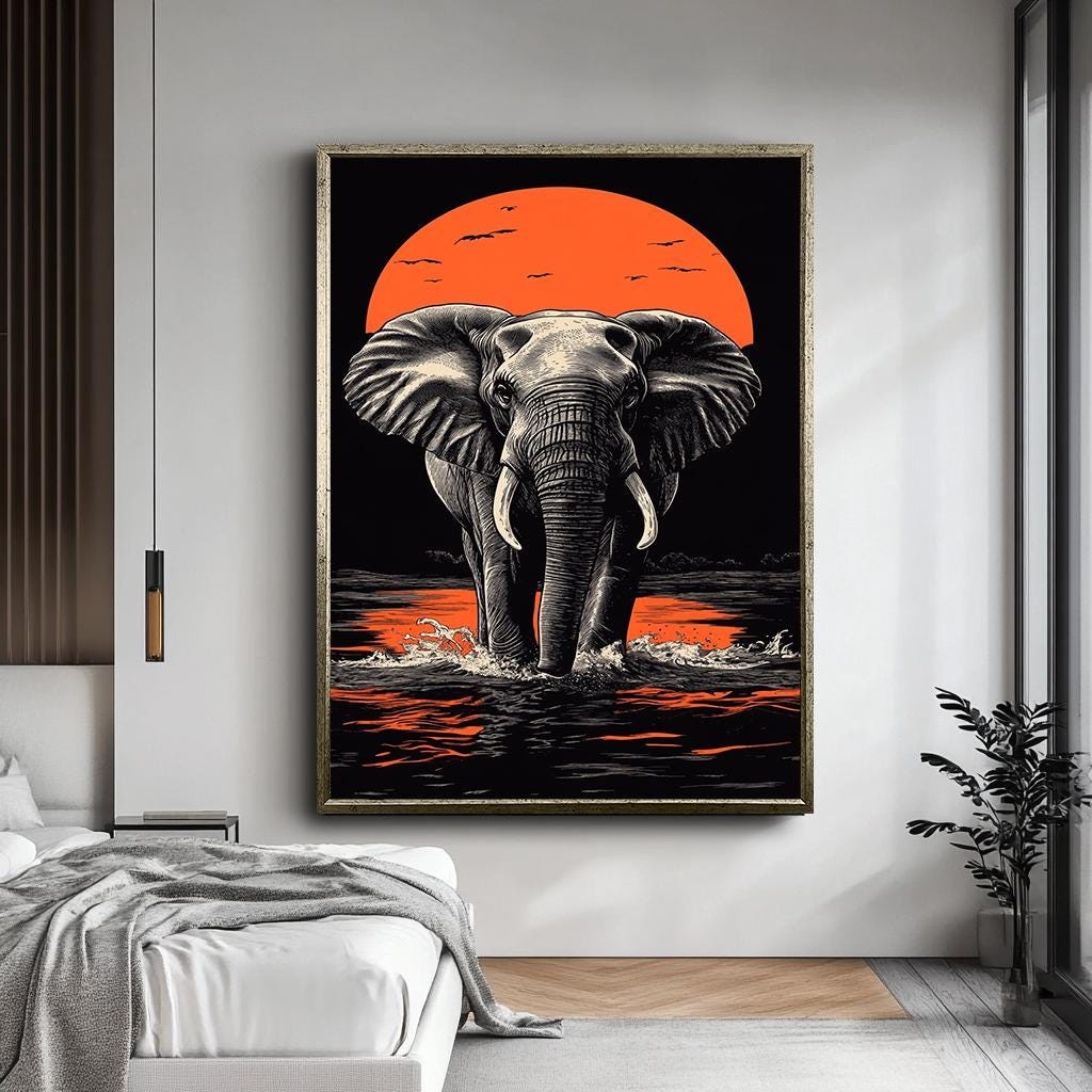 Majestic Elephant Sunset Wall Art, Bold African Wildlife Canvas, Vibra