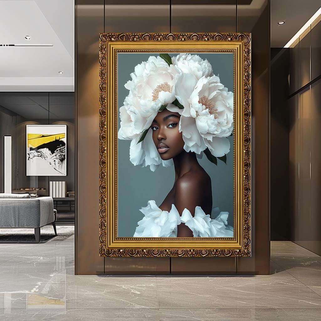 Çiçek Başlıklı Afrikalı Kadın Kanvas Tablo, Afrocentric Güzellik Duvar Sanatı, Zarif Afrika Kraliçesi Portresi, Modern Çiçekli Sanat Eseri