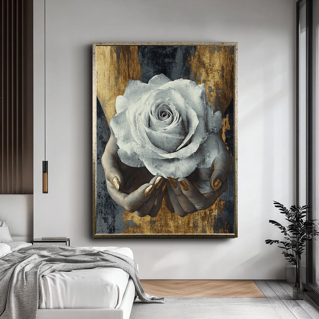 Elegant White Rose in Hands Wall Art, Gold and Gray Floral Canvas, Mod