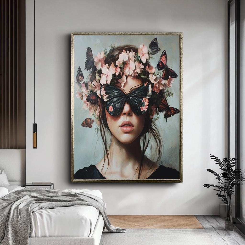 Butterfly Woman Portrait Art, Surreal Floral Crown Canvas, Elegant Fan