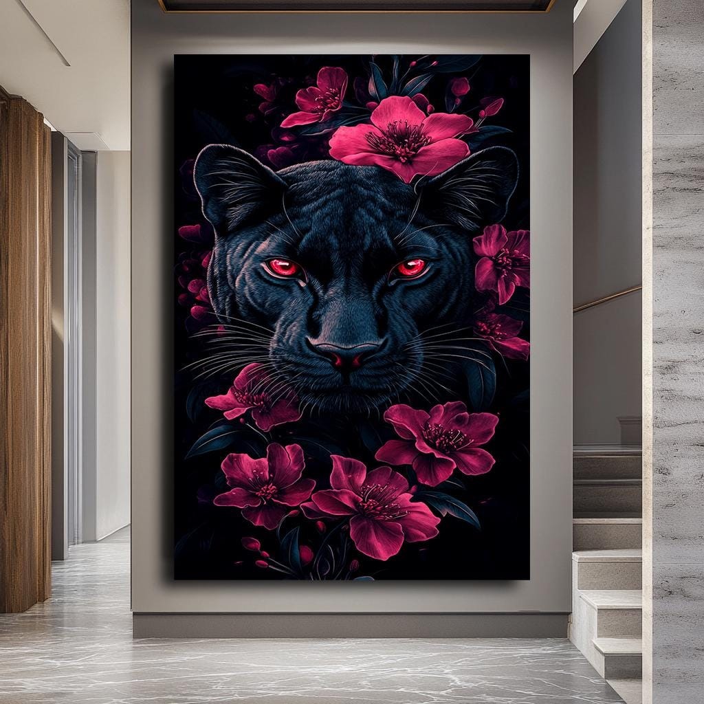 Black Panther with Red Eyes and Floral Accents Canvas Print, Dark and 