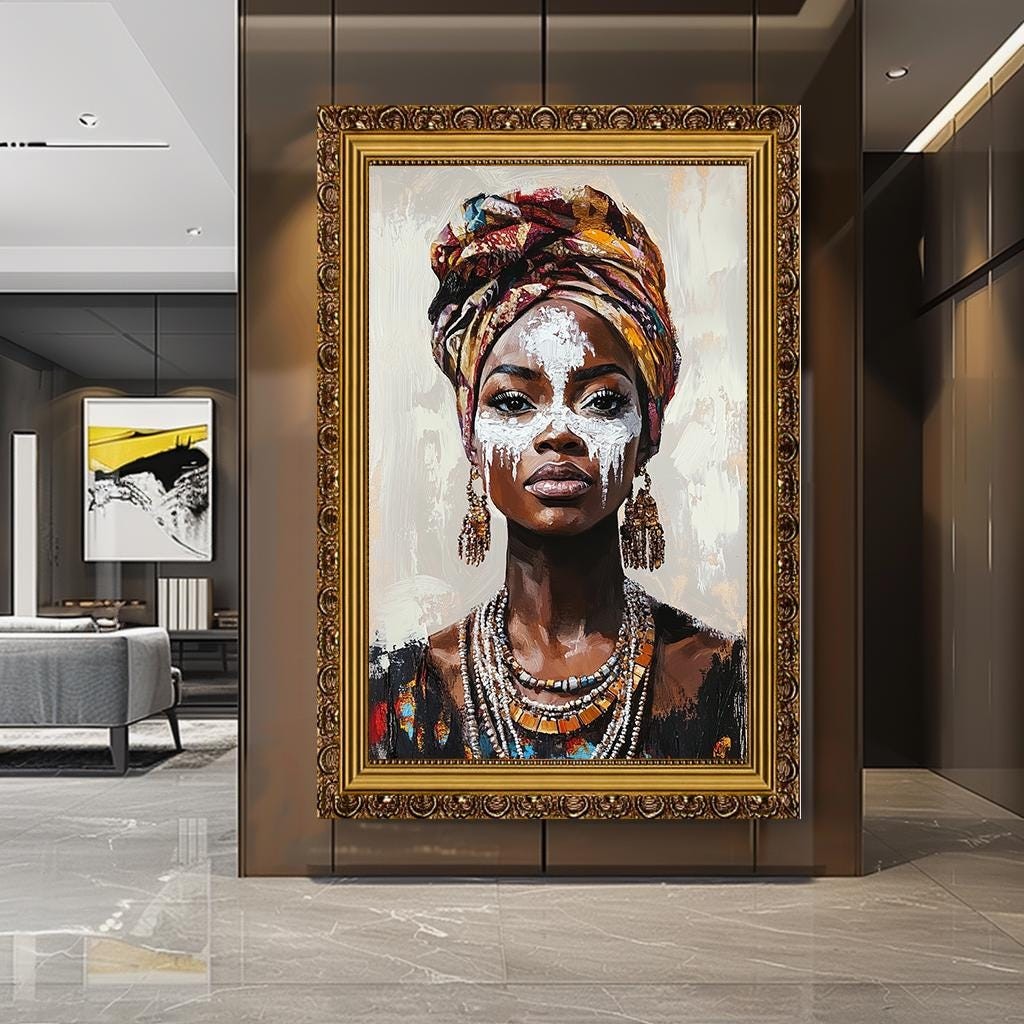 African Woman Portrait Wall Art, Bold Tribal Canvas, Cultural Expressi
