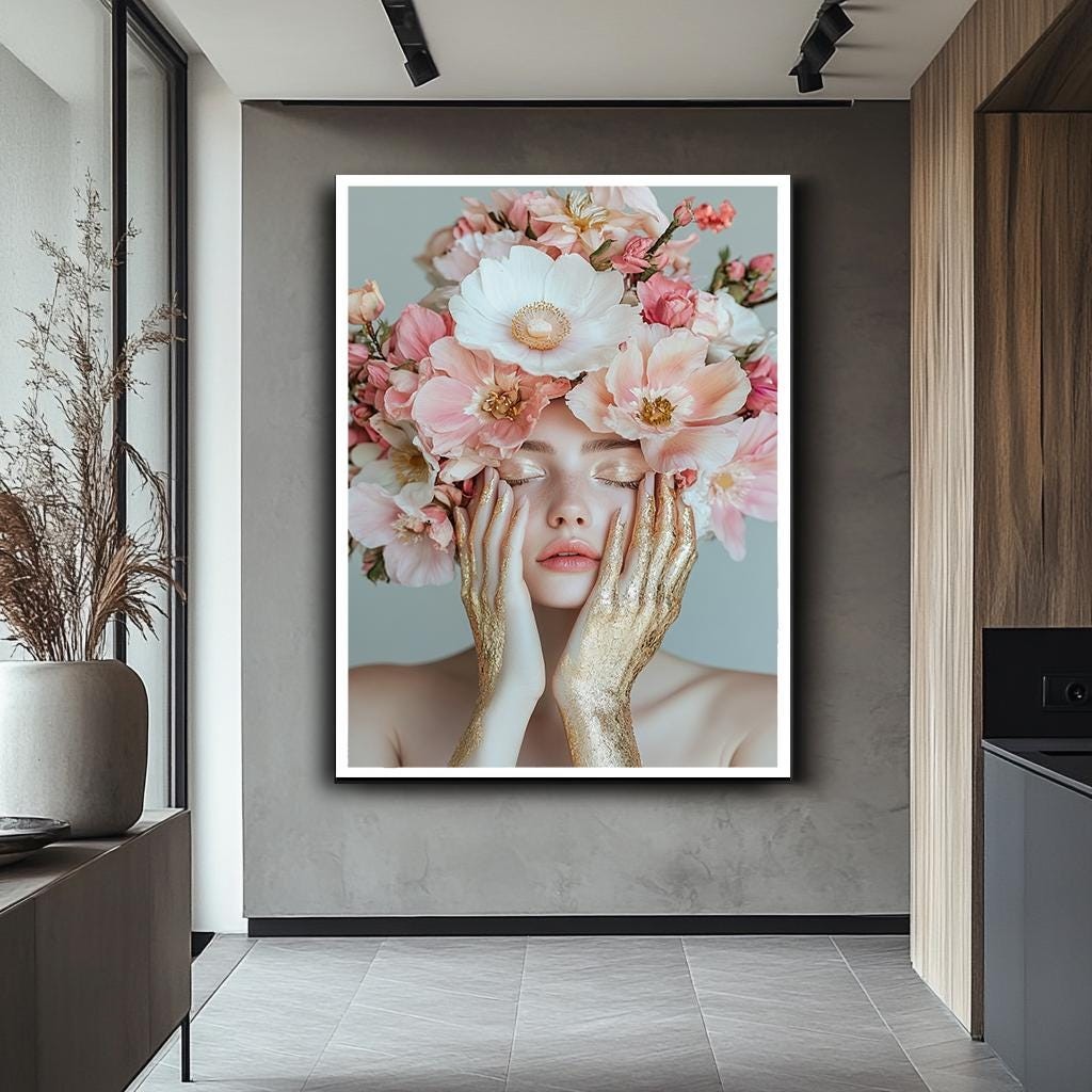 Floral Beauty Portrait Wall Art,,Woman Canvas Art, Woman with Flower C