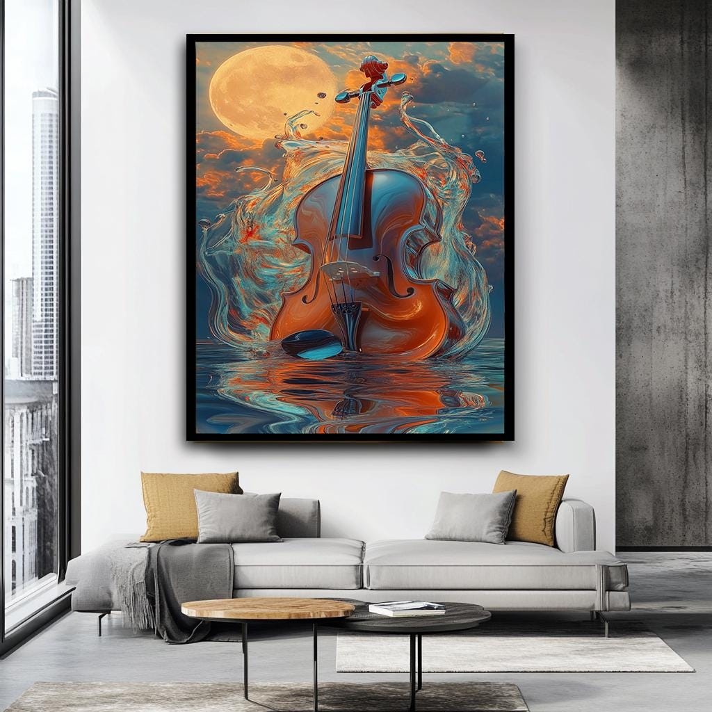 Violin and Moon Canvas Print, Dreamlike Musical Instrument Art, Vibran