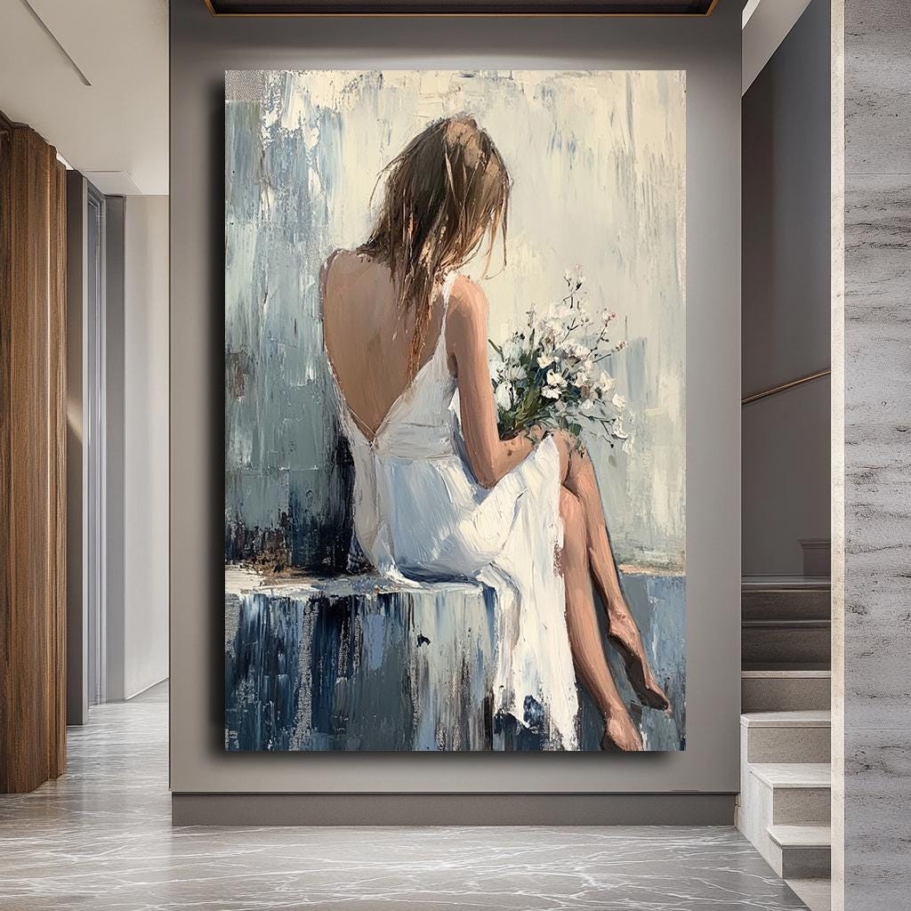Serene Woman Canvas Art, Elegant Figure Holding Flowers, Large Abstrac