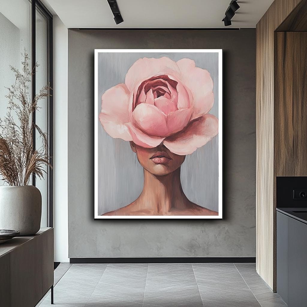 Floral Face Wall Art, Minimalist Woman with Pink Flower Canvas, Abstra