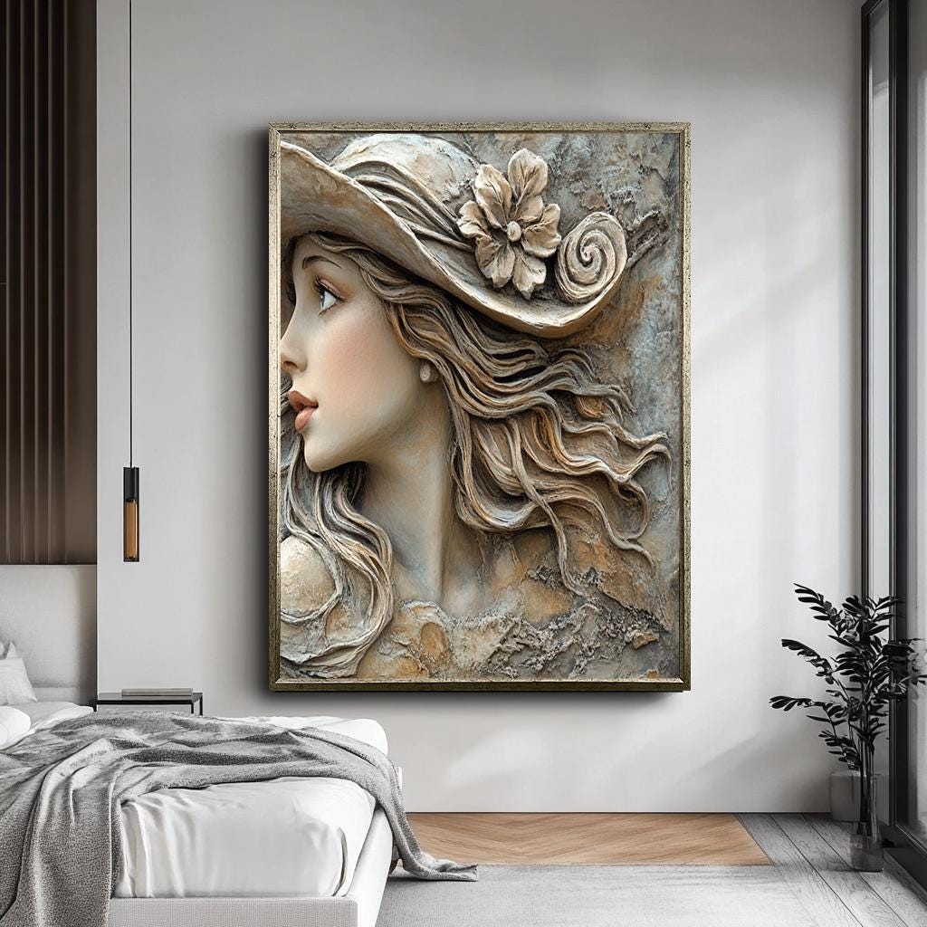 Vintage Woman Wall Art, 3D Textured Canvas, Elegant Lady in Hat, Roman