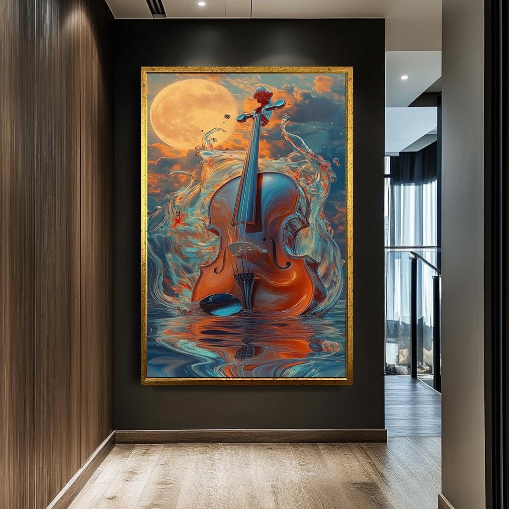 Violin and Moon Canvas Print, Dreamlike Musical Instrument Art, Vibran