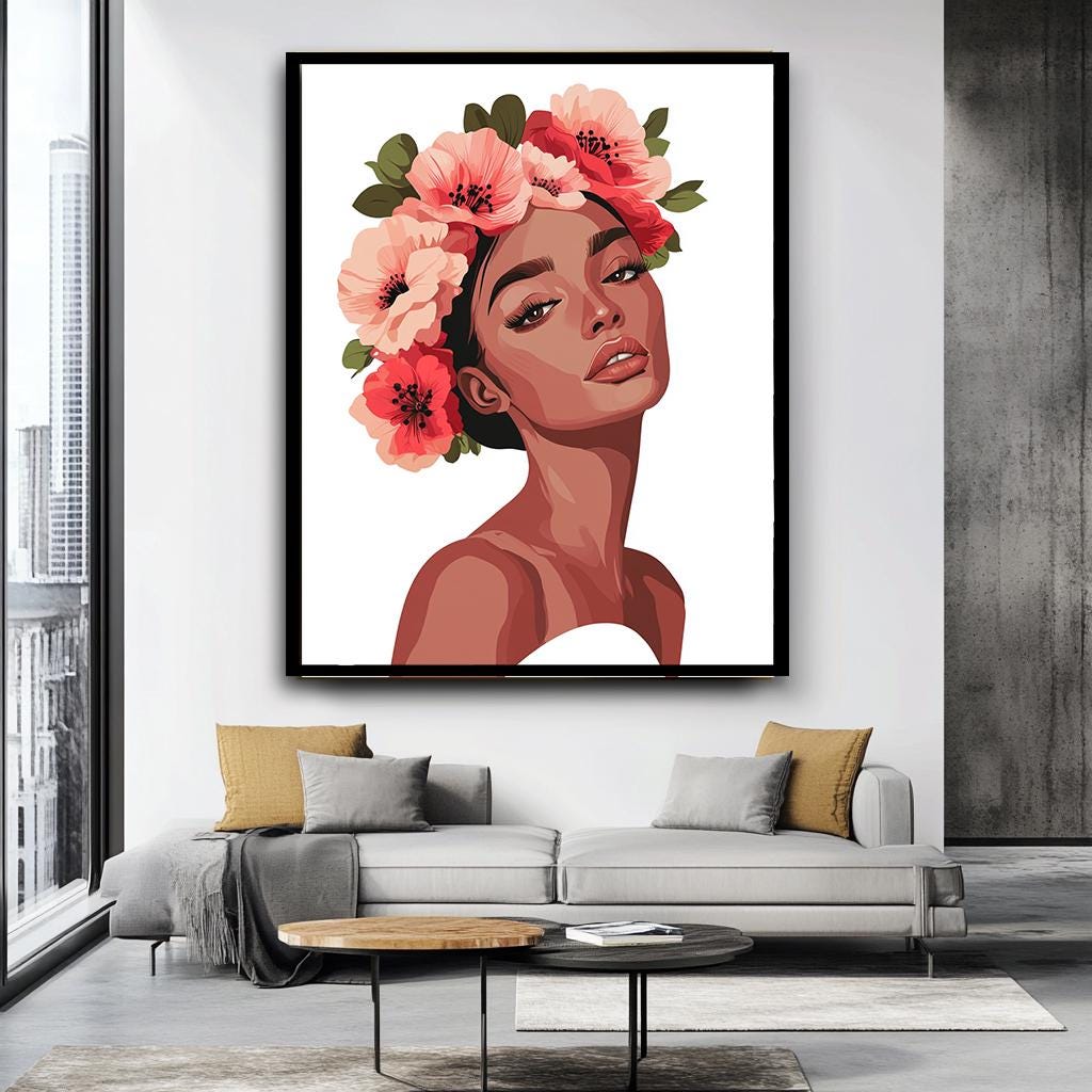 Floral Woman Portrait Wall Art, Elegant Flower Crown Canvas, Feminine 