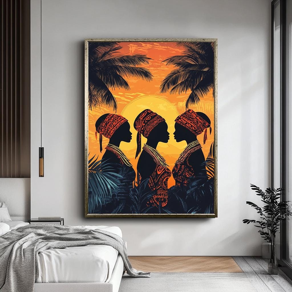 African Sunset Silhouette Canvas Print - Tribal Women Wall Art - Bold 