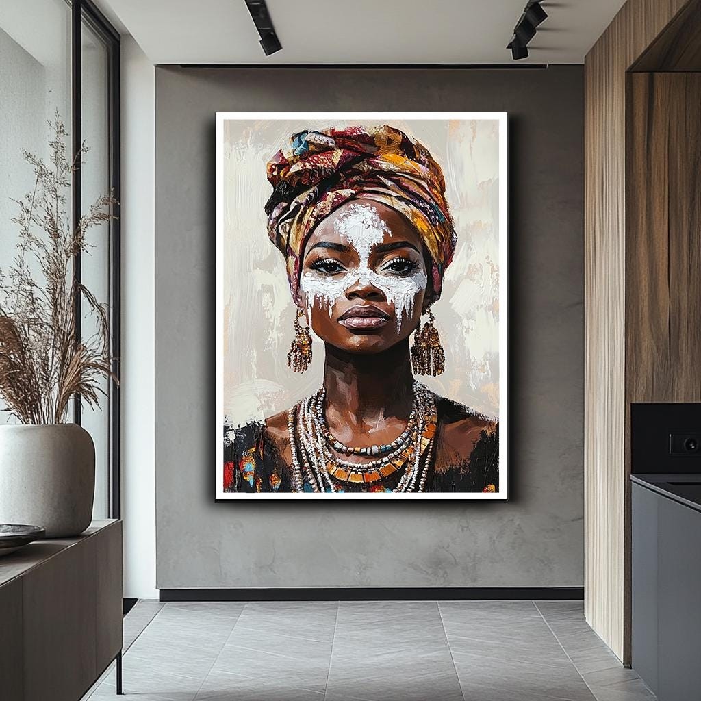 African Woman Portrait Wall Art, Bold Tribal Canvas, Cultural Expressi
