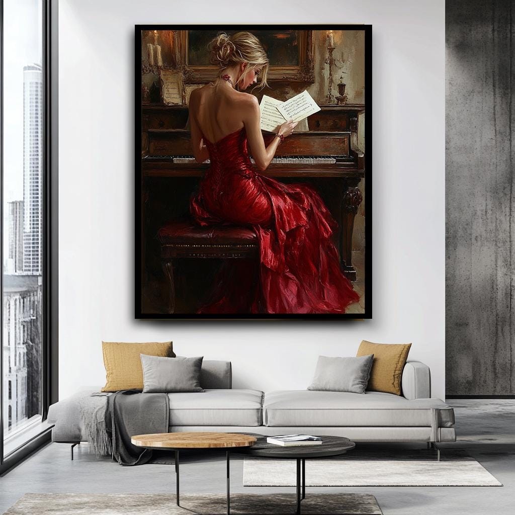 Elegant Woman at Piano Canvas Print, Classical Music Art, Red Dress Wa