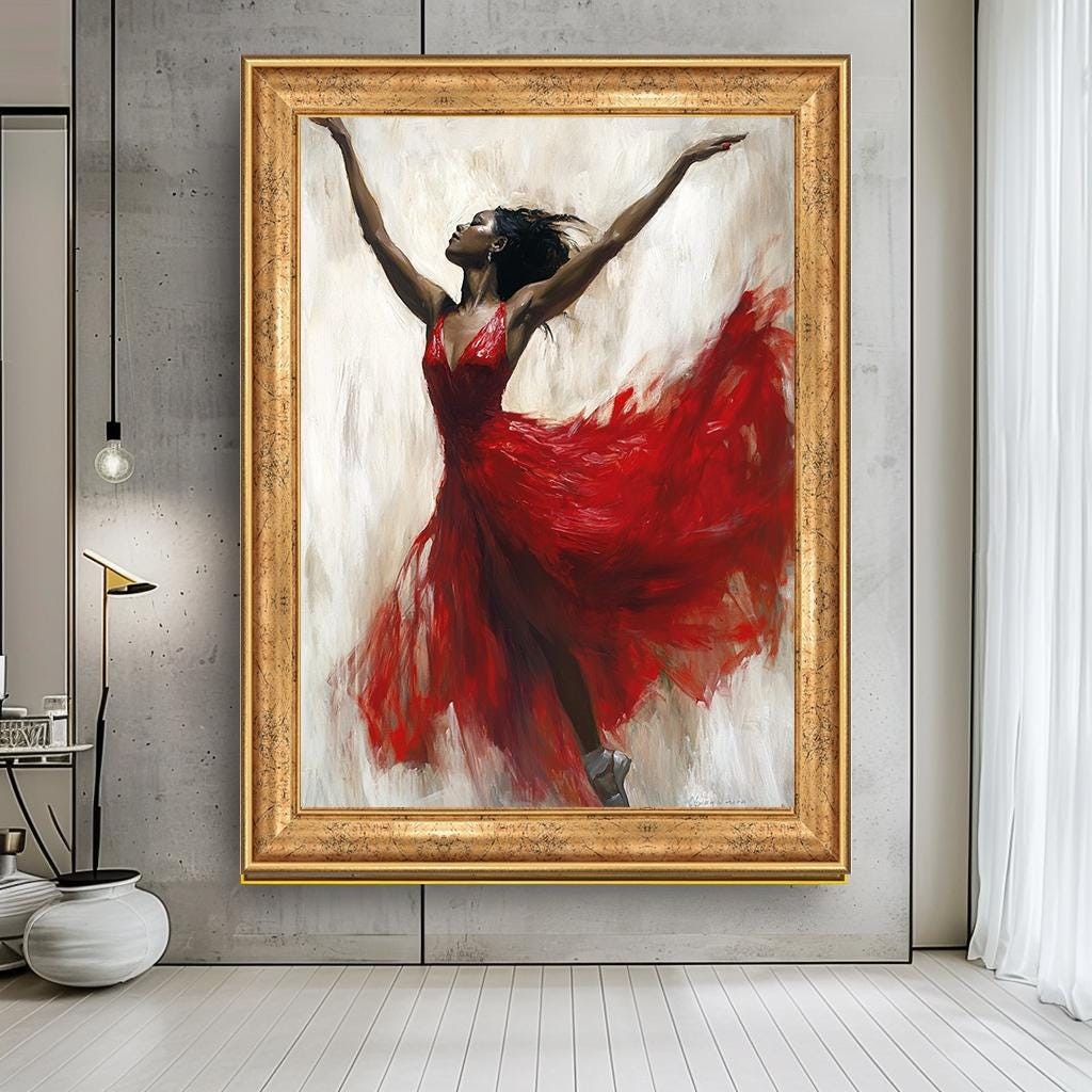 African Ballerina in Red Dress Canvas Print, Graceful Dance Art, Dynam