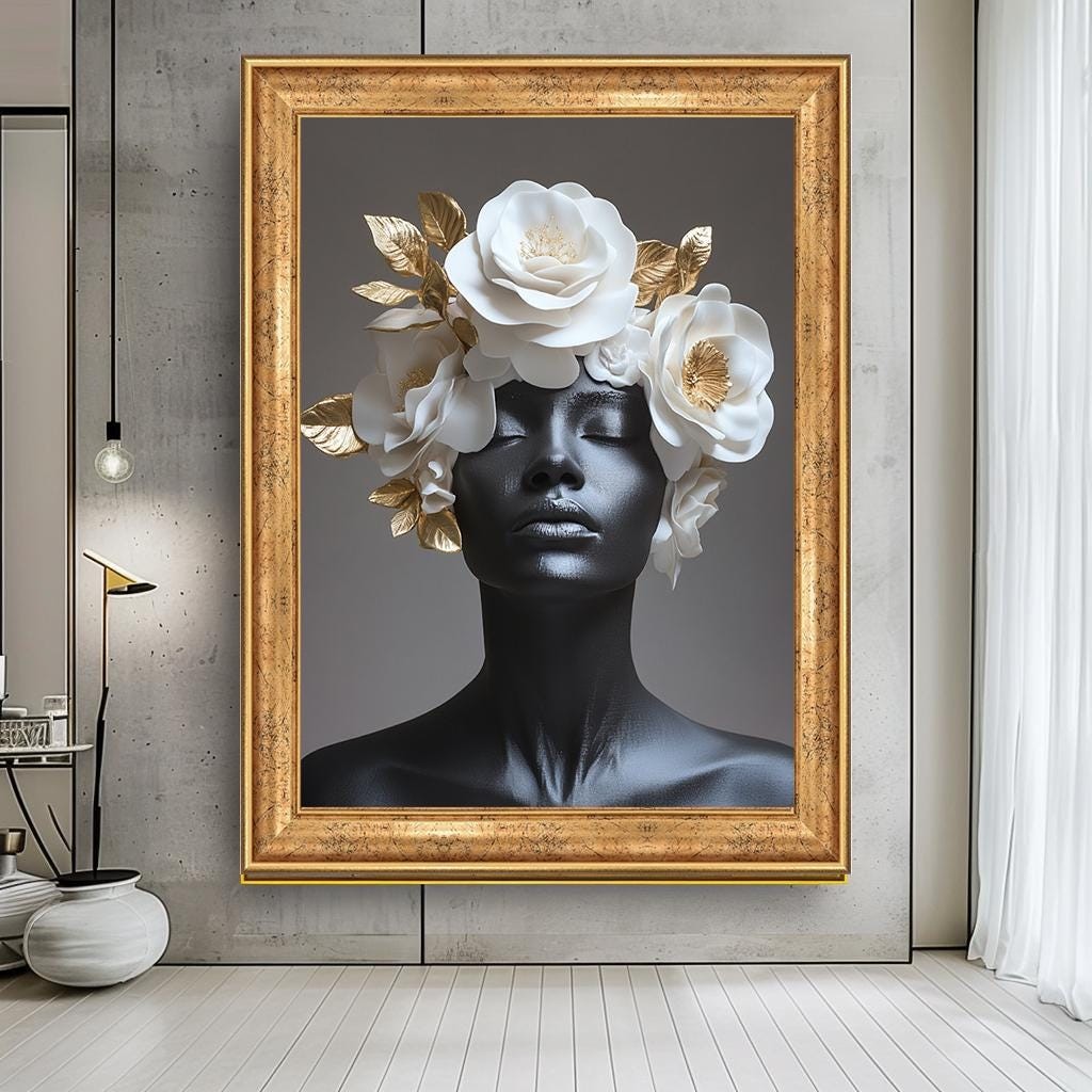 Woman Portrait with White Flowers Canvas Print, Modern Abstract Wall A