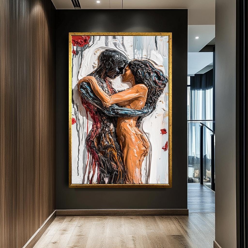 Romantic Couple Abstract Canvas Print, Passionate Lovers Wall Art, Mod