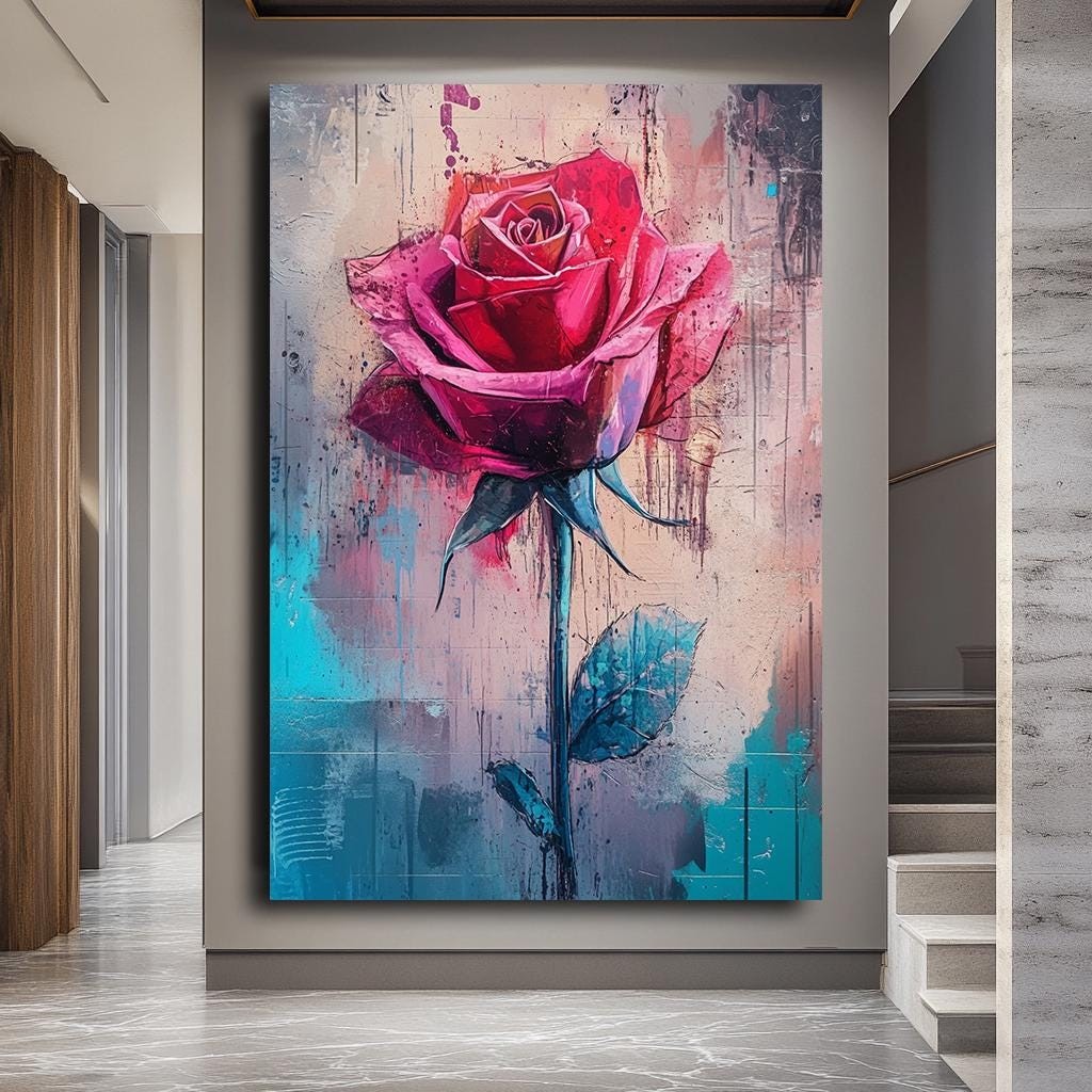 Abstract Rose Wall Art, Modern Floral Canvas, Vibrant Red Rose Paintin