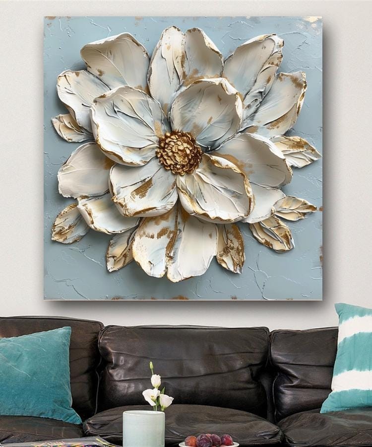 3D White Flower Canvas Wall Art - Elegant Textured Floral Painting wit