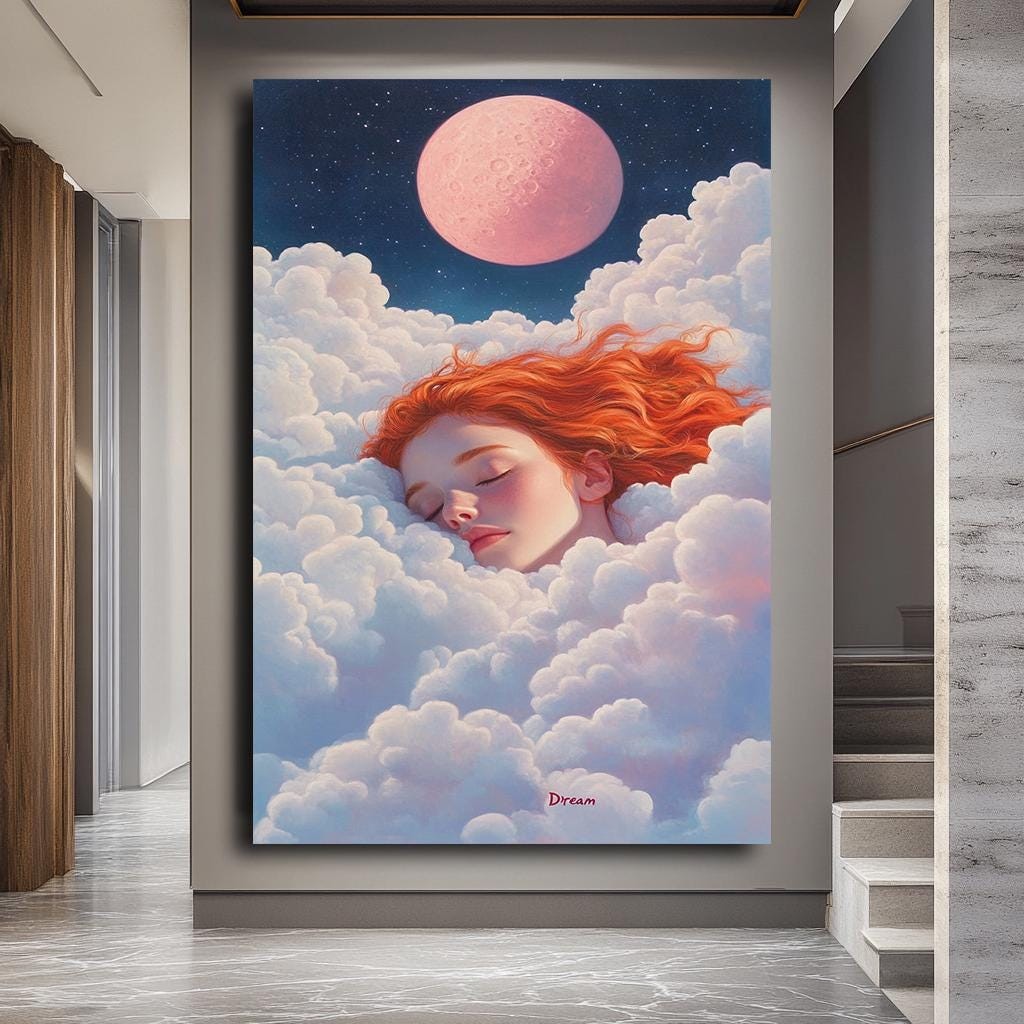 Dreamy Girl in Clouds with Pink Moon Canvas Art | Surreal Sleep-Inspir