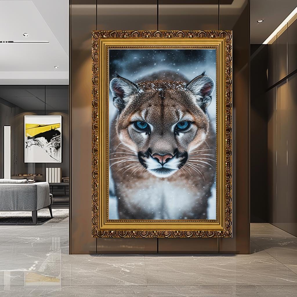 Snow Leopard Wall Art, Fierce Mountain Lion Canvas, Wild Animal Portra