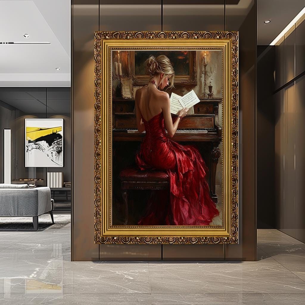 Elegant Woman at Piano Canvas Print, Classical Music Art, Red Dress Wa