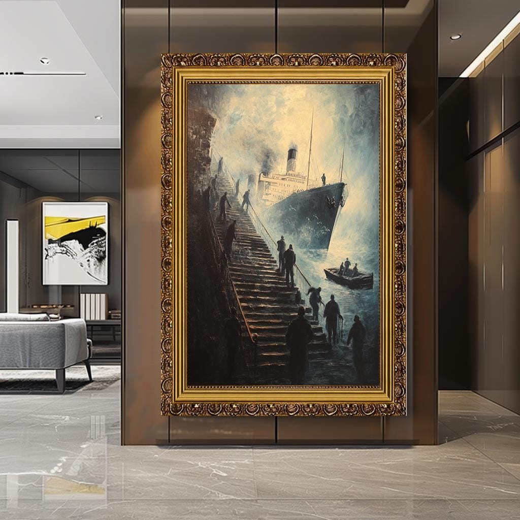 Dramatic Ship Stairs Wall Art, Surreal Maritime Canvas Print, Vintage 