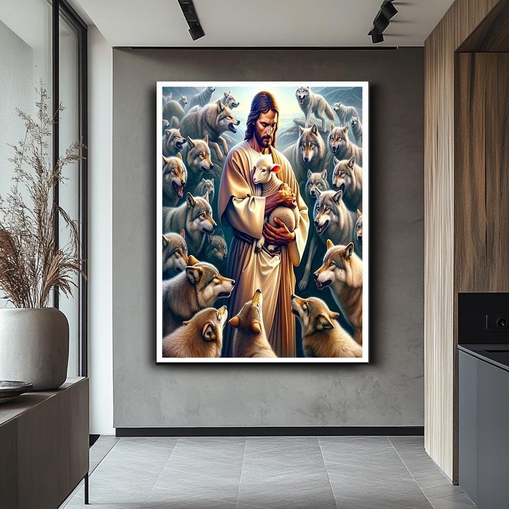 Jesus and Lamb Canvas Wall Art, Wolves and Lambs Spiritual Picture, Divine Protection Canvas Print, Religious Decor for Faith, Ready to Hang