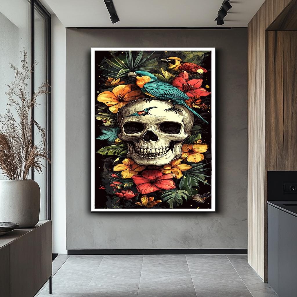 Skull and Parrots Canvas Art, Vibrant Floral Skull Artwork, Gothic Tro