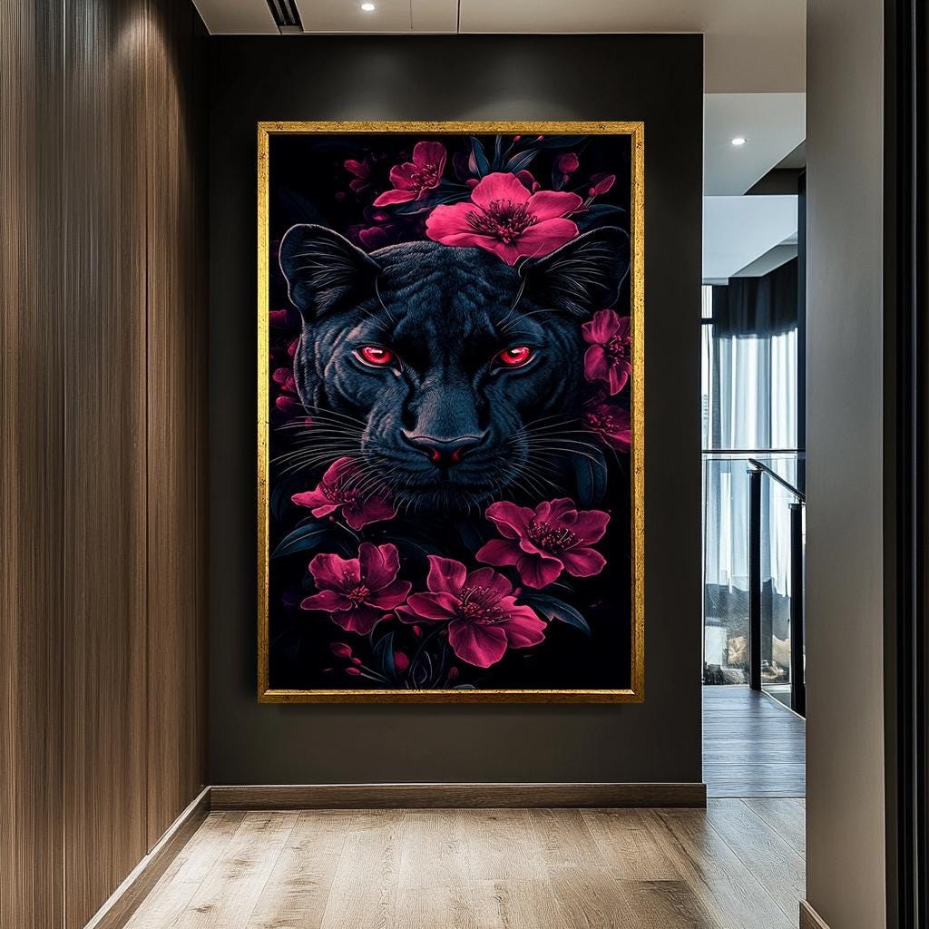 Black Panther with Red Eyes and Floral Accents Canvas Print, Dark and 