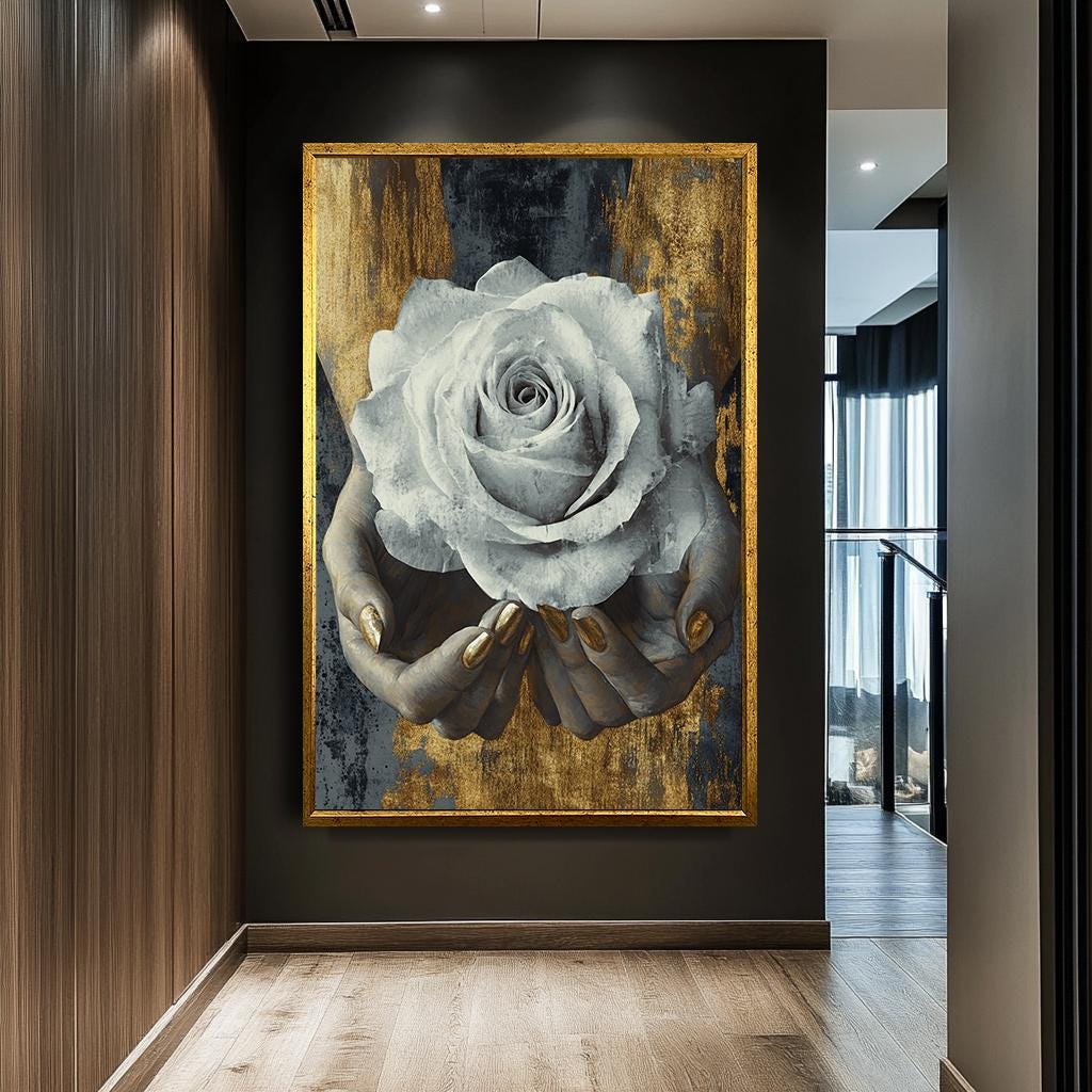 Elegant White Rose in Hands Wall Art, Gold and Gray Floral Canvas, Mod