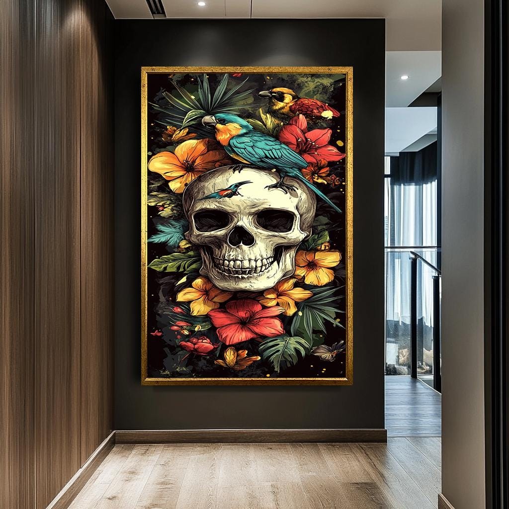 Skull and Parrots Canvas Art, Vibrant Floral Skull Artwork, Gothic Tro