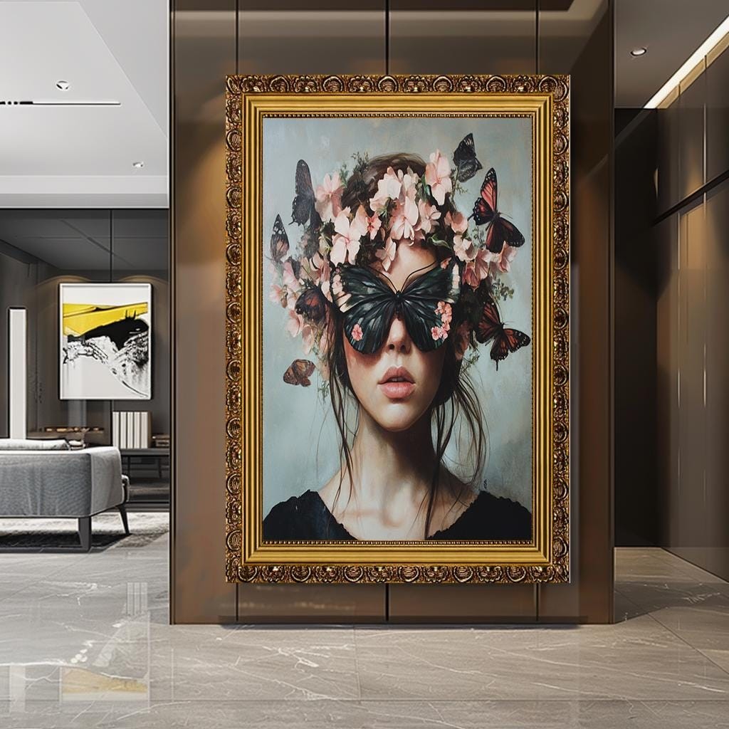 Butterfly Woman Portrait Art, Surreal Floral Crown Canvas, Elegant Fan