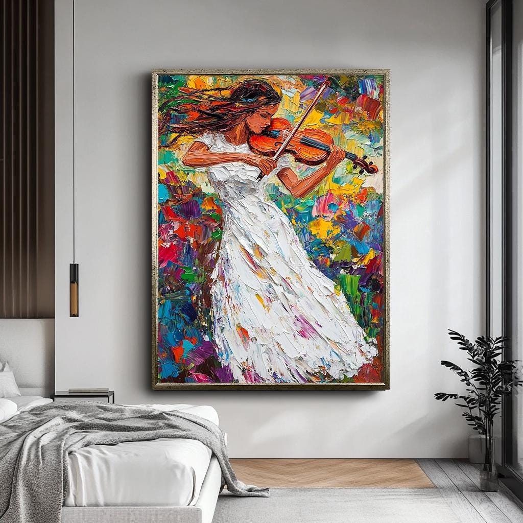 Colorful Violinist Canvas Art, Abstract Woman Playing Violin, Large Mu