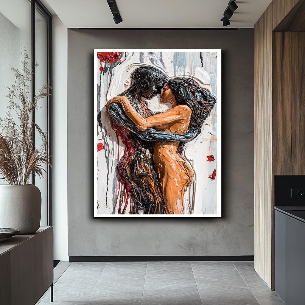 Romantic Couple Abstract Canvas Print, Passionate Lovers Wall Art, Mod