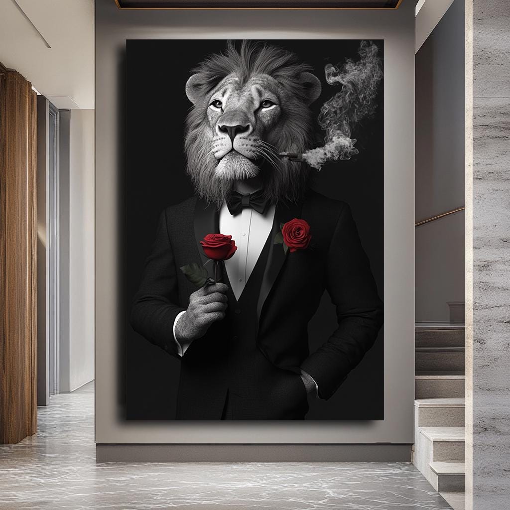 Lion Wall Art in Tuxedo - Modern Animal Portrait, Smoking Lion with Ro