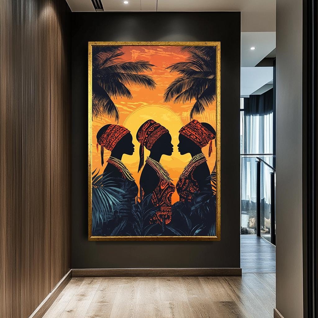 African Sunset Silhouette Canvas Print - Tribal Women Wall Art - Bold 