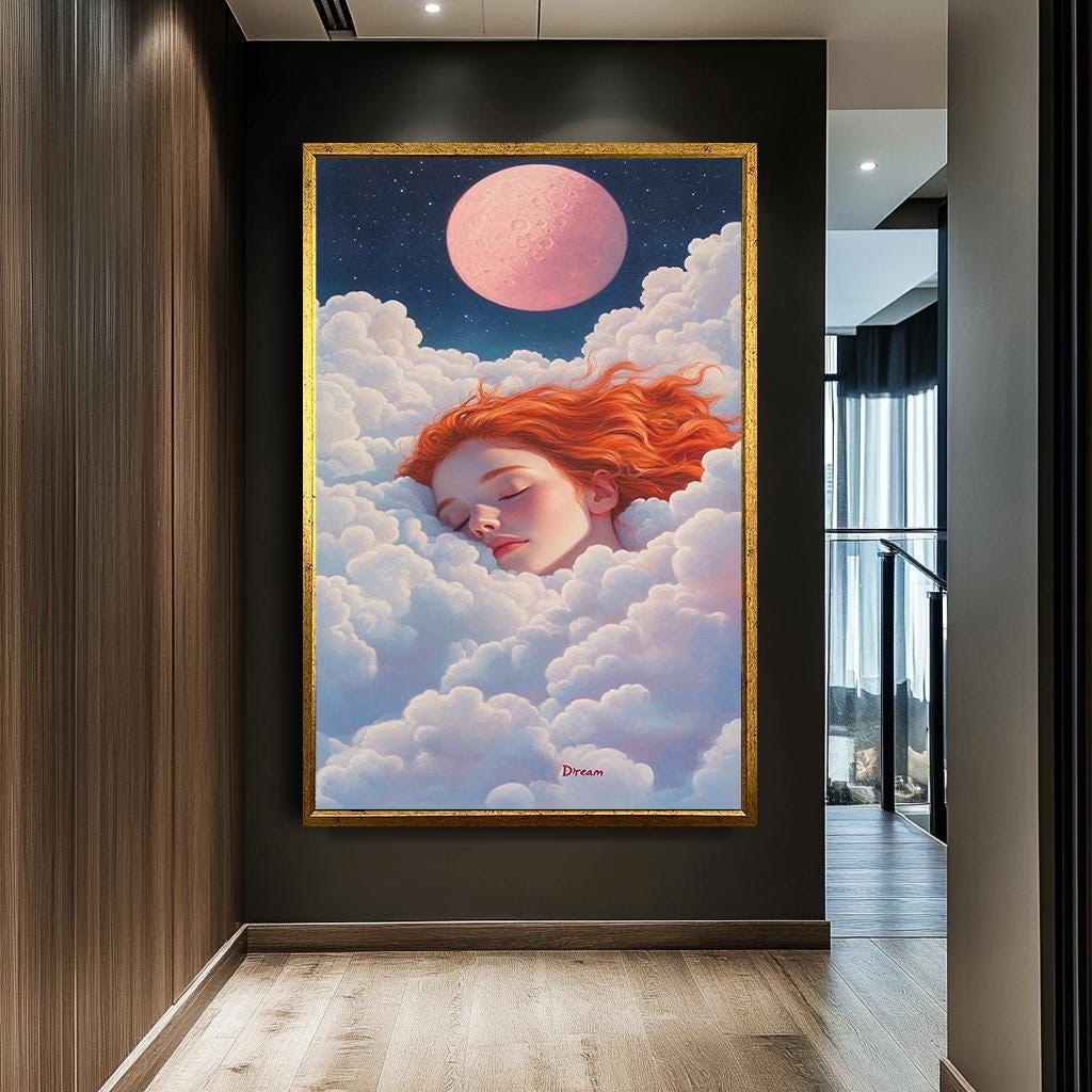Dreamy Girl in Clouds with Pink Moon Canvas Art | Surreal Sleep-Inspir