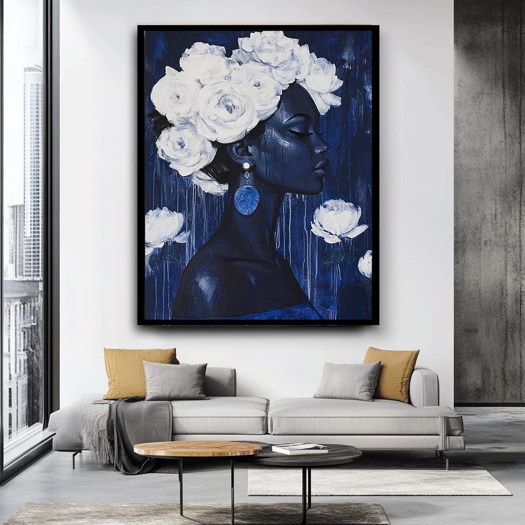 Elegant Blue Woman Portrait Canvas with White Roses, Modern Floral Art