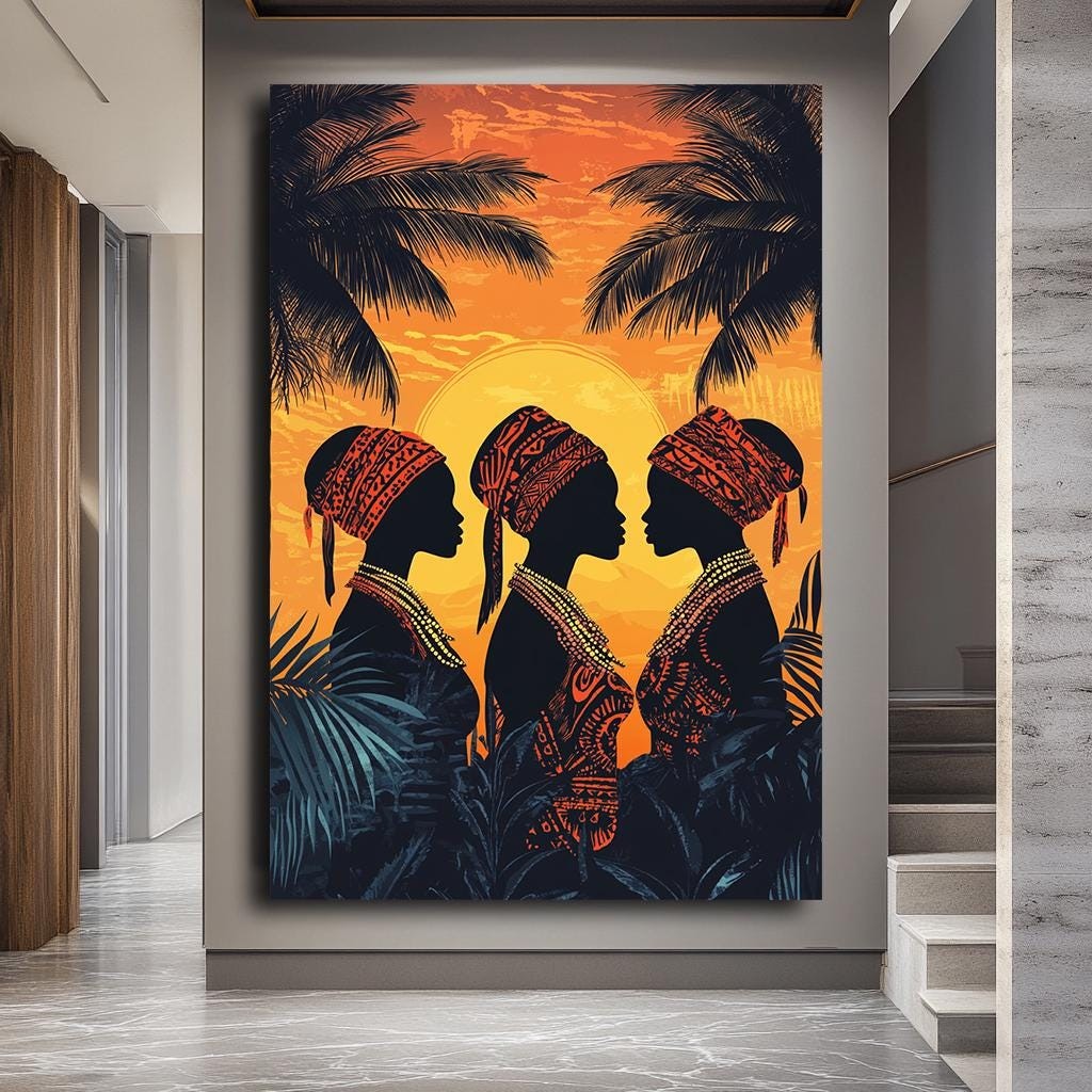African Sunset Silhouette Canvas Print - Tribal Women Wall Art - Bold 