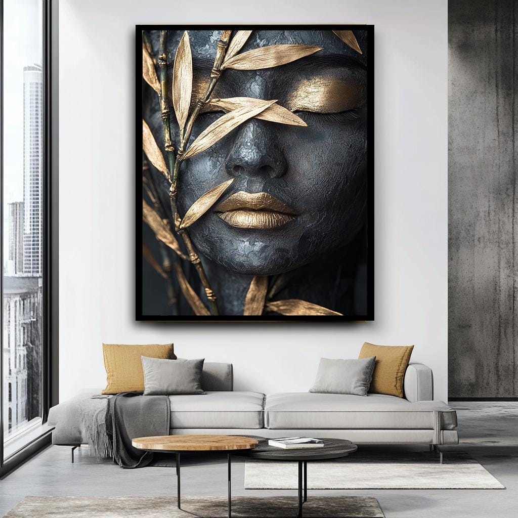 Abstract Gold and Black Woman Canvas Print, Elegant Textured Wall Art,