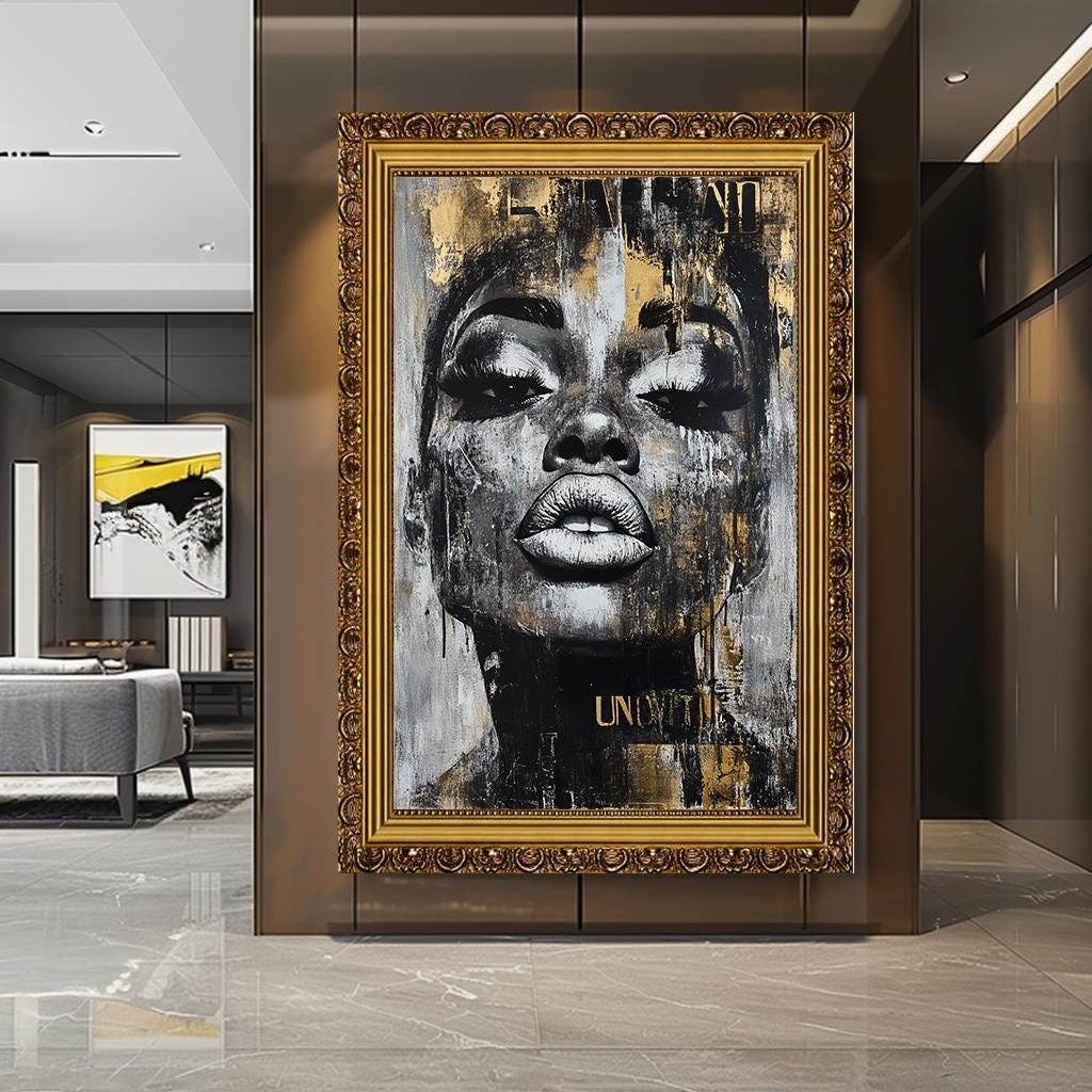 African Woman Portrait Wall Art, Abstract Female Face Canvas, Edgy Urb