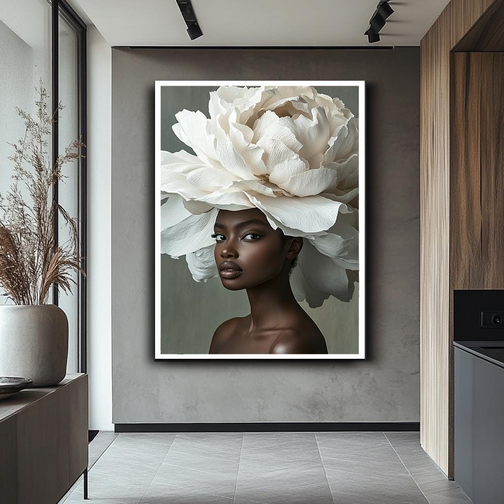 Çiçek Başlıklı Zarif Afrikalı Kadın Kanvas Tablo, Cesur Afrocentric Duvar Sanatı, Modern Moda Portre, Zarif Siyah Güzellik Sanat Eseri