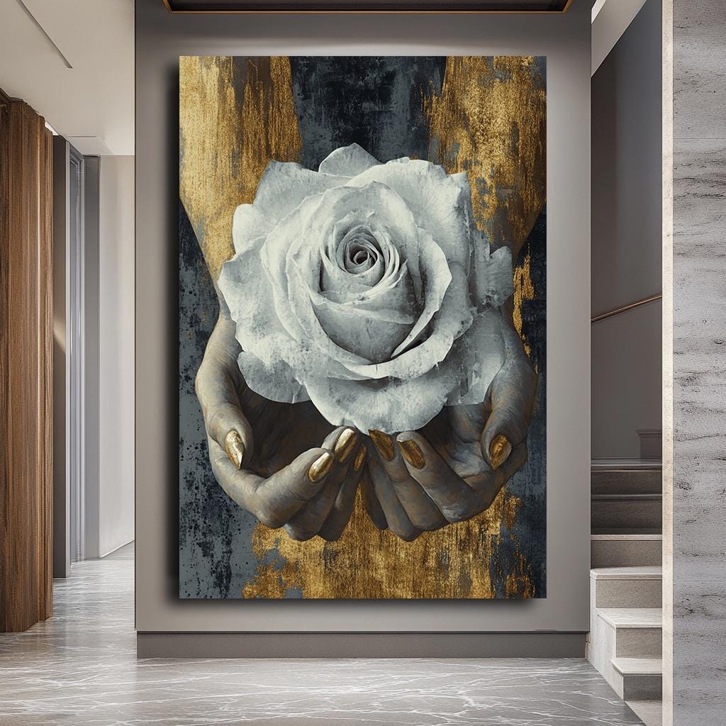 Elegant White Rose in Hands Wall Art, Gold and Gray Floral Canvas, Mod