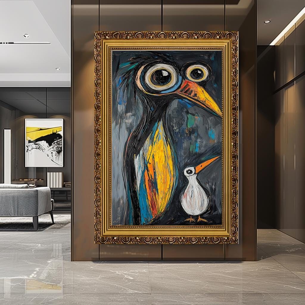 Abstract Bird Wall Art, Colorful Penguin Painting, Quirky Animal Canva