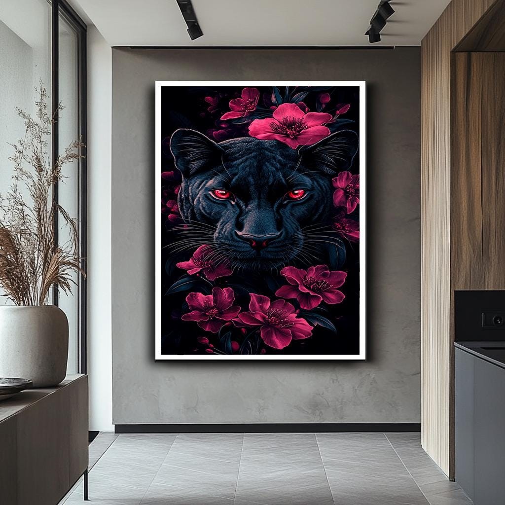 Black Panther with Red Eyes and Floral Accents Canvas Print, Dark and 