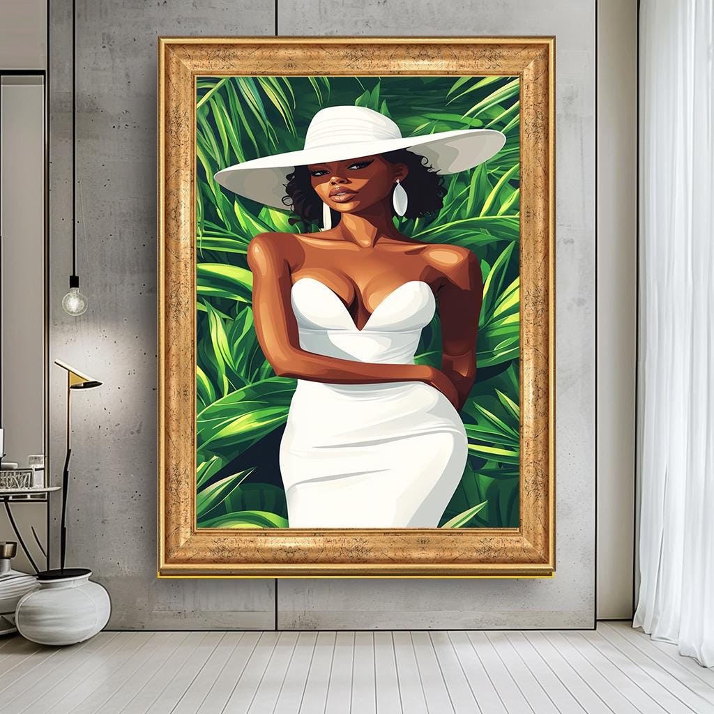 Elegant African Woman in White Dress Canvas Print, Bold Afrocentric Ar