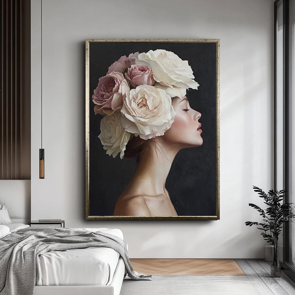 Elegant Woman with Flower Crown Wall Art, Feminine Floral Portrait Can