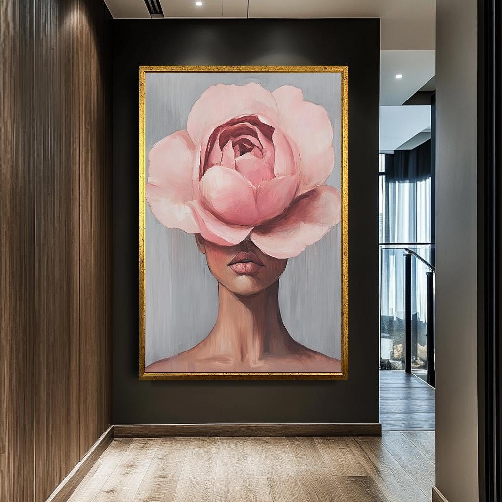 Floral Face Wall Art, Minimalist Woman with Pink Flower Canvas, Abstra