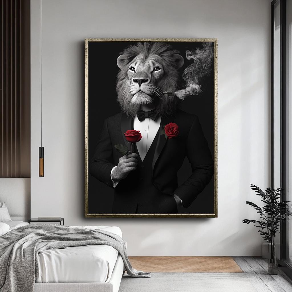 Lion Wall Art in Tuxedo - Modern Animal Portrait, Smoking Lion with Ro