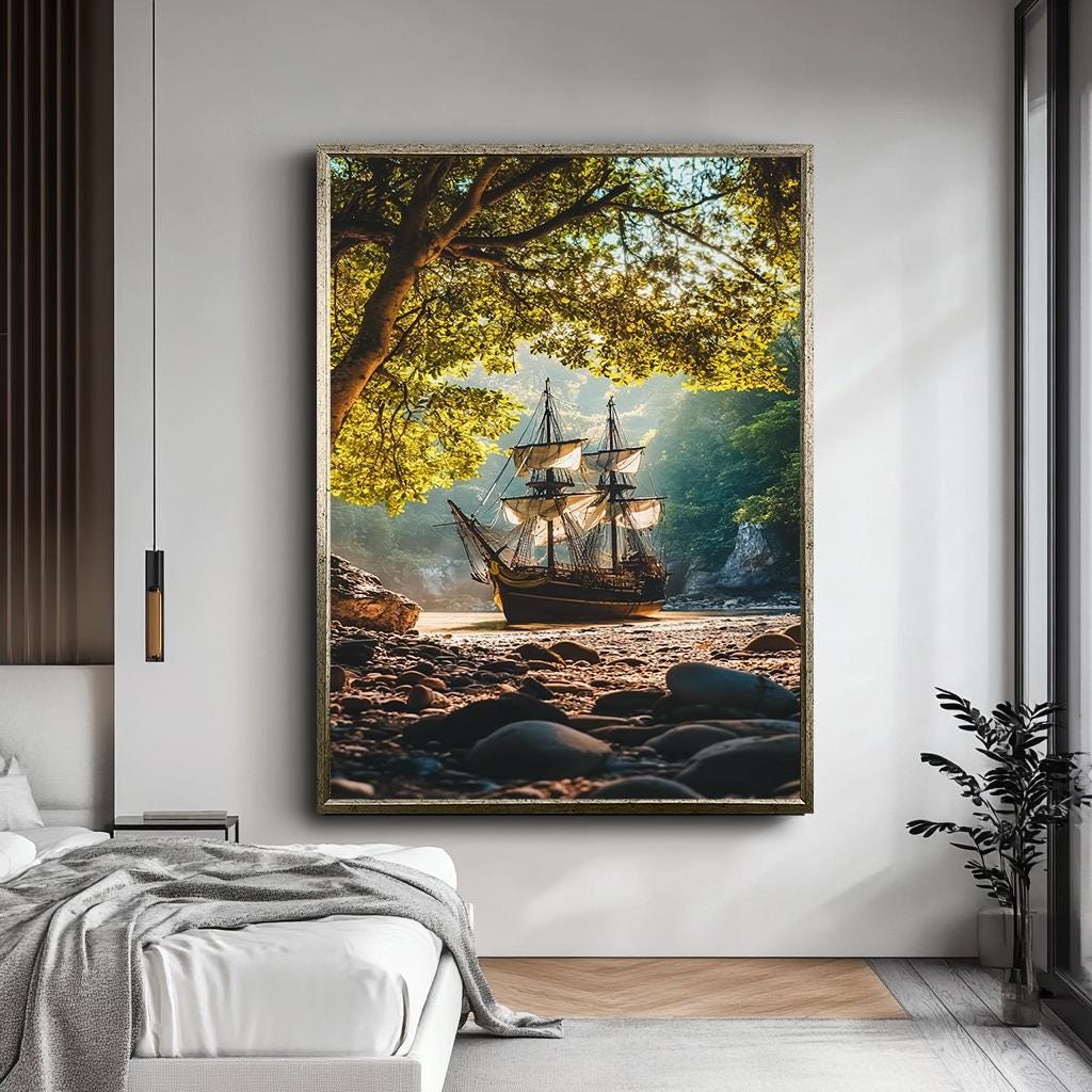 Vintage Ship in Forest Cove Wall Art – Scenic Nautical Canvas Print wi