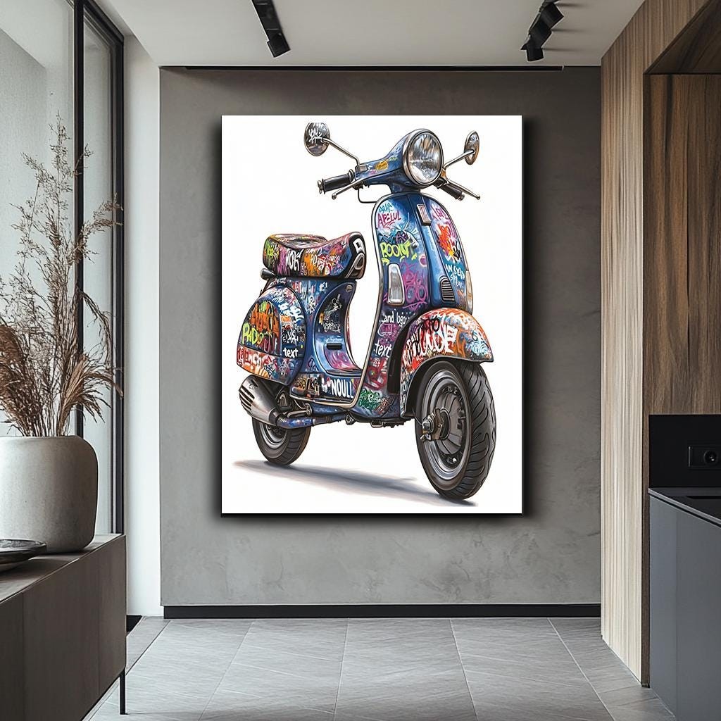 Vintage Graffiti Scooter Canvas Art – Unique Wall Art for Home Decor, 